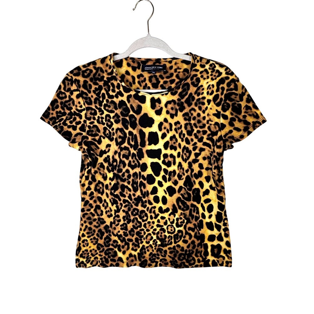 Jones New York Signature Petite Leopard Animal Print Short Sleeve Top PM Medium
